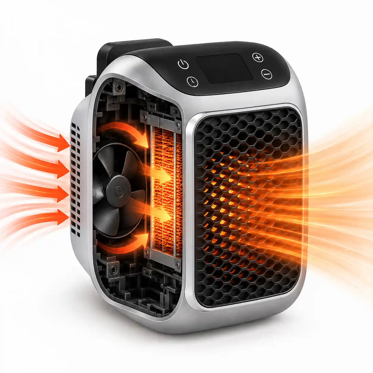Inside HearthPlug: ceramic heating element and quiet fan