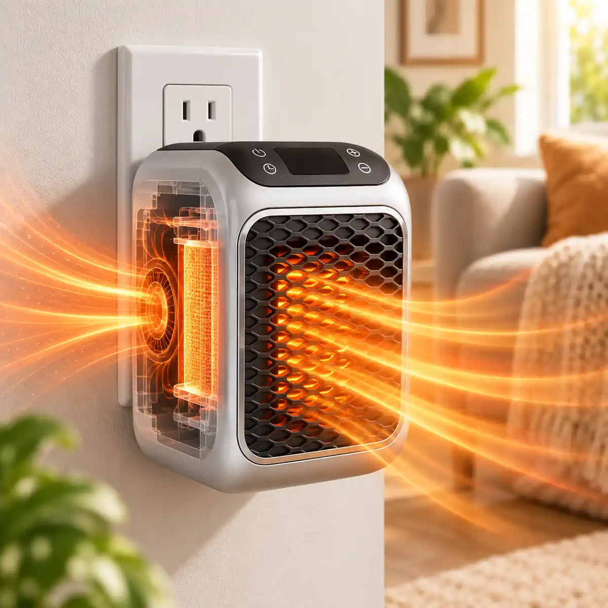 HearthPlug plugged into a wall outlet warming a living room