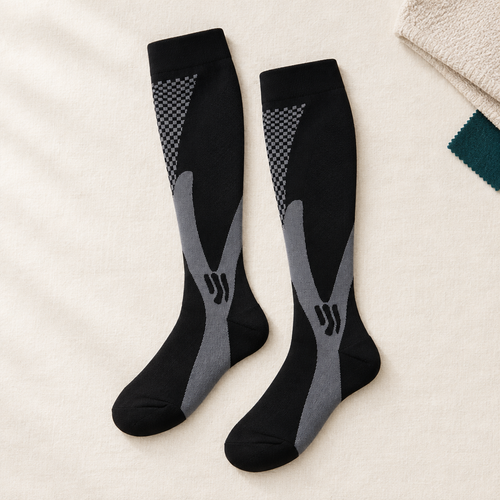 Havenstride Relief Compression Socks, pair folded on natural linen