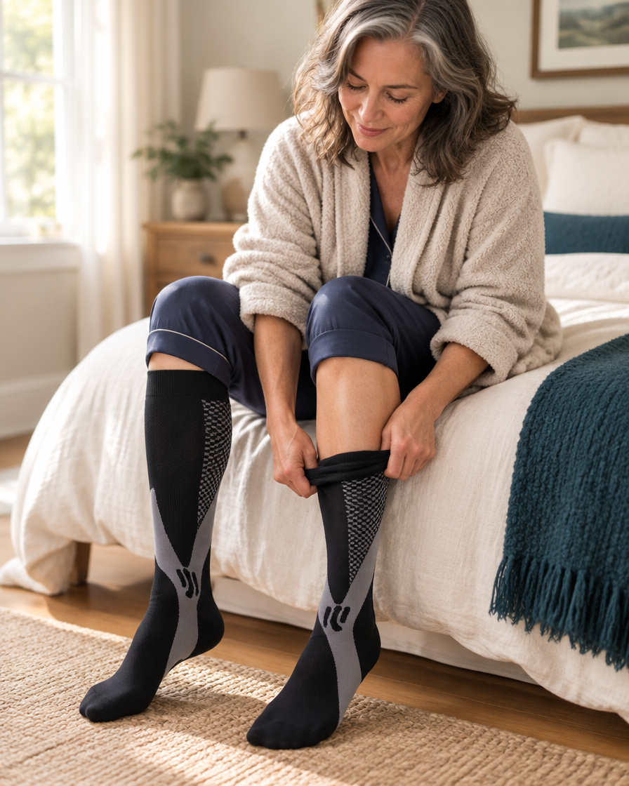 Woman pulling on the compression sock while sitting on the edge of a bed