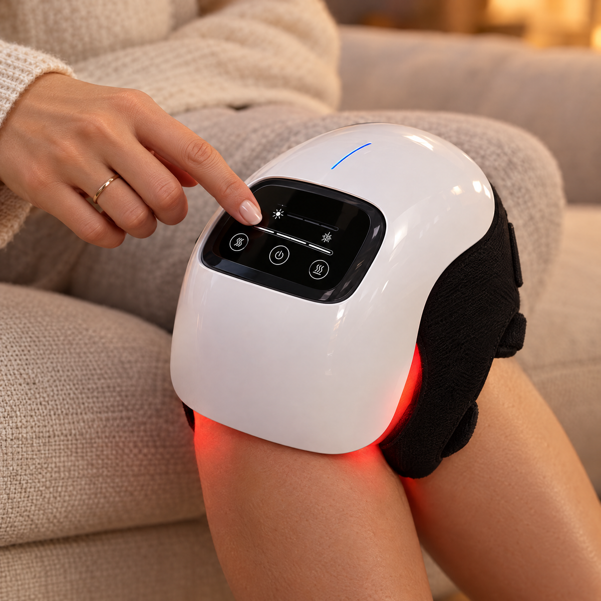 Hand using the ThermaKnee touch panel with a warm glow