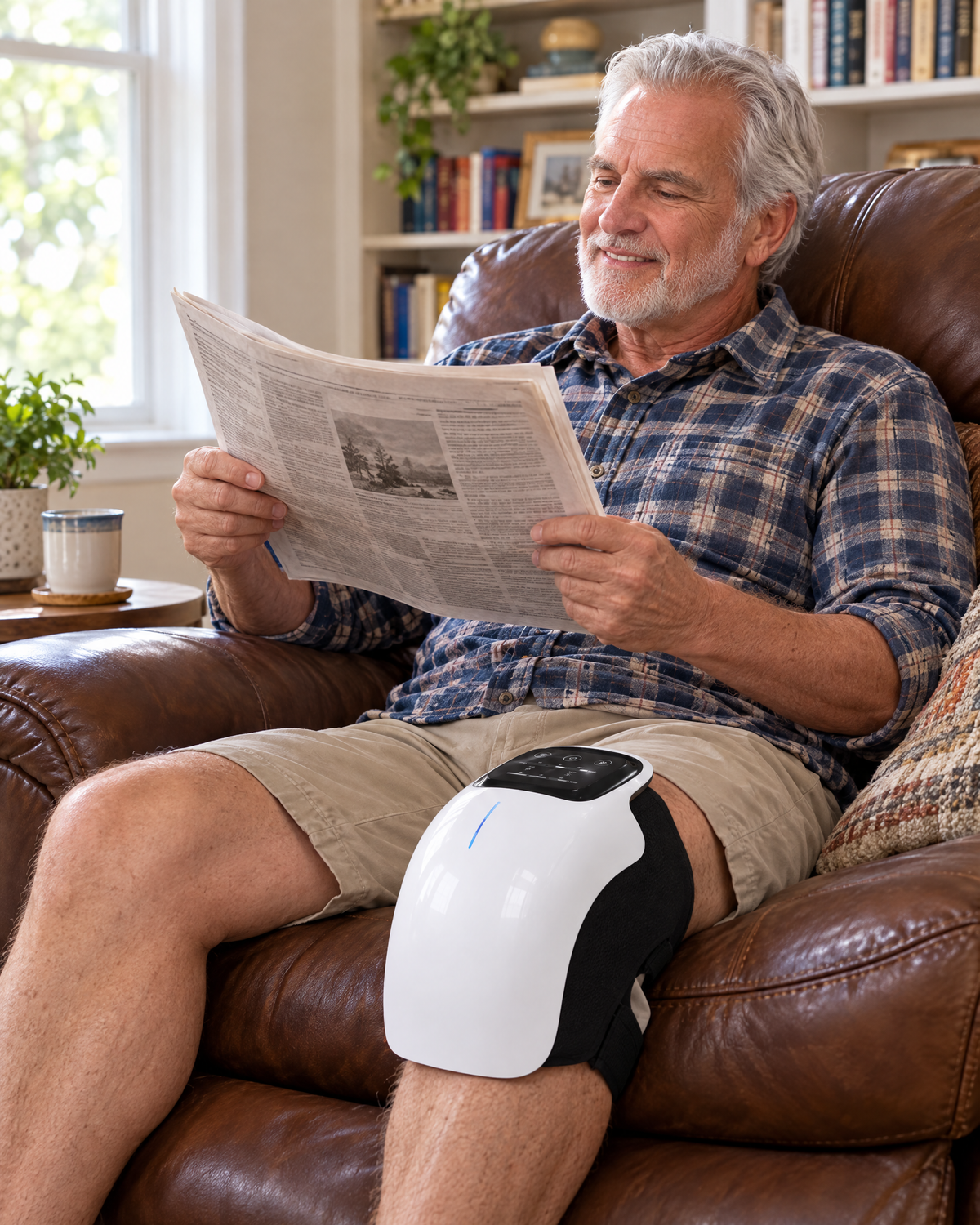 Man reading the newspaper in his recliner using ThermaKnee