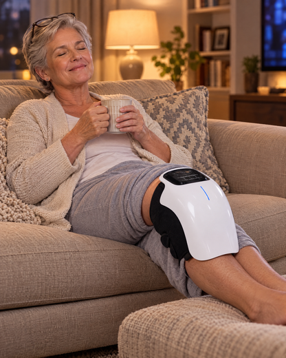 Woman relaxing on the sofa wearing ThermaKnee on her knee